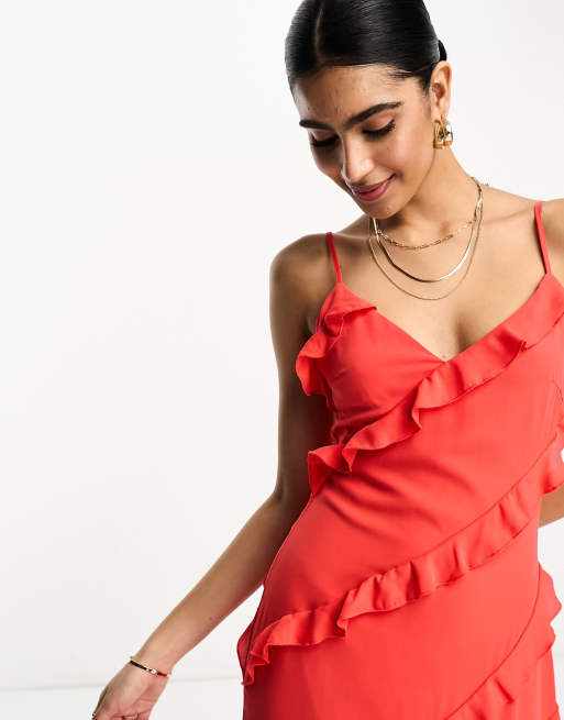 Red Asymmetric Off Shoulder Ruffled Dress