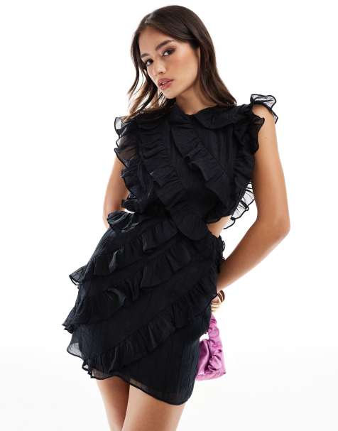 Pretty Lavish asymmetric ruffle mini dress in black - view 1