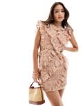 Pretty Lavish asymmetric ruffle mini dress in terracotta print-Brown