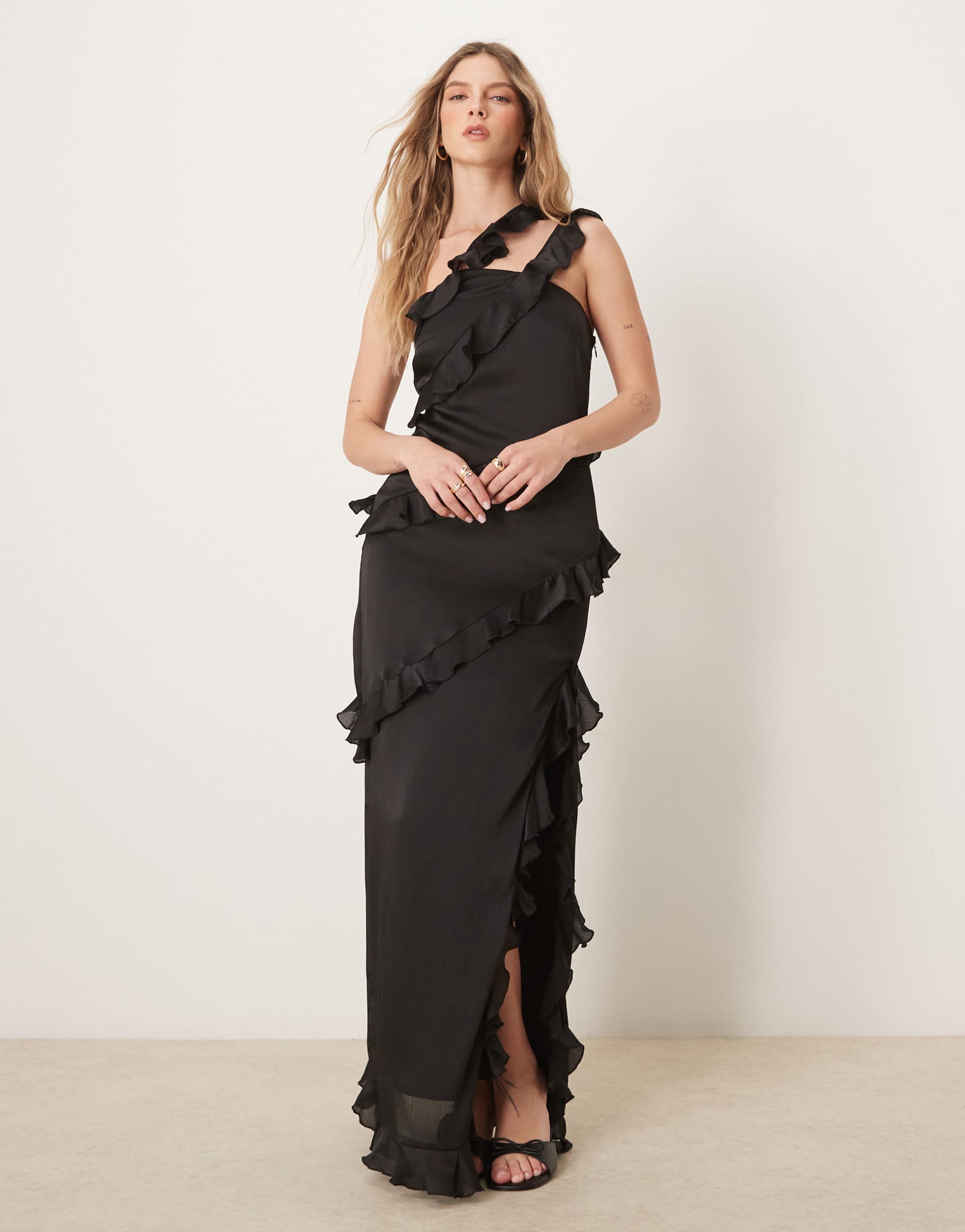 pretty lavish asymmetric ruffle one shoulder maxi dress in black