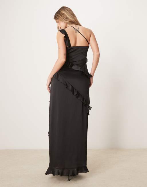 Pretty Lavish asymmetric ruffle one shoulder maxi dress in black, 3 of 4