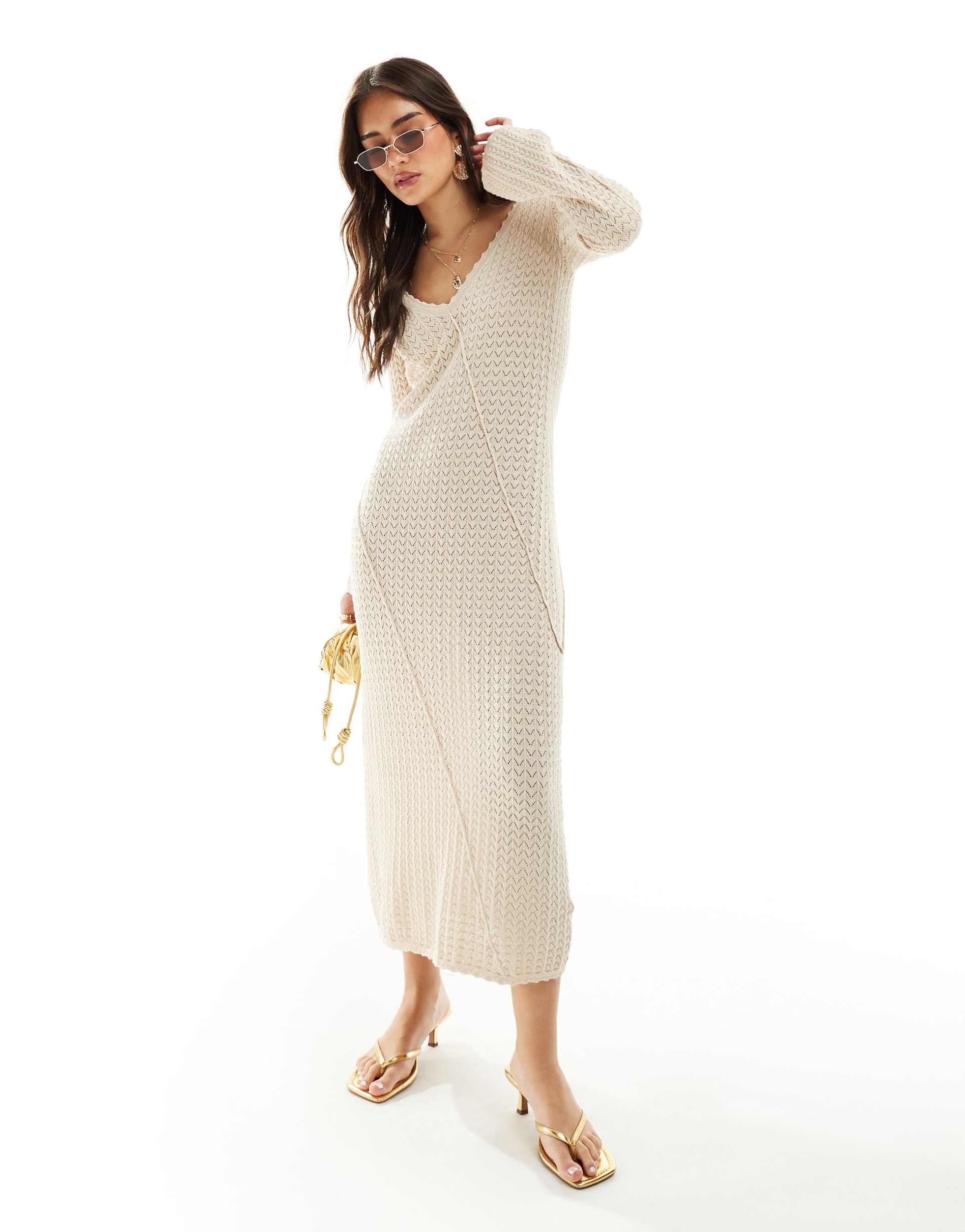 pretty lavish asymmetric seam knit midaxi dress in cream