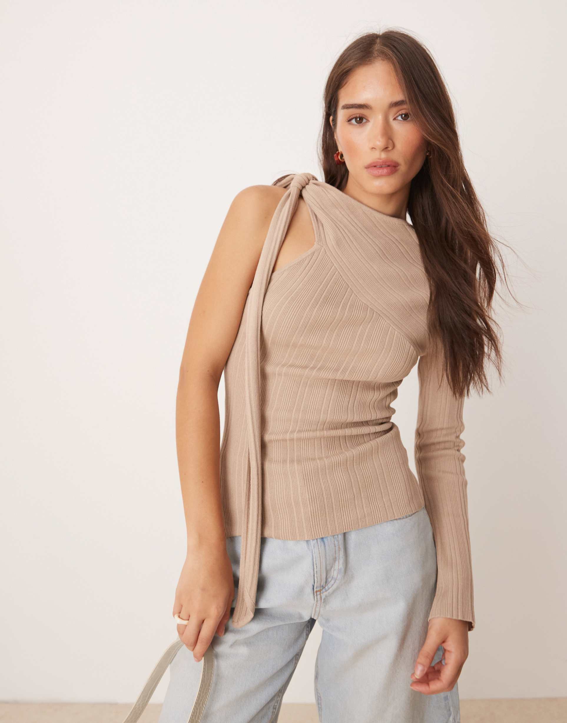 pretty lavish asymmetric sparkle knit top in taupe