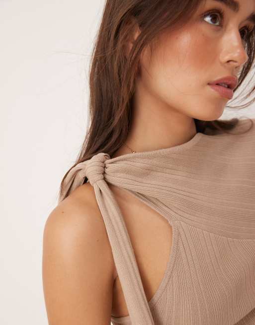 Pretty Lavish asymmetric sparkle knit top in taupe, 2 of 4