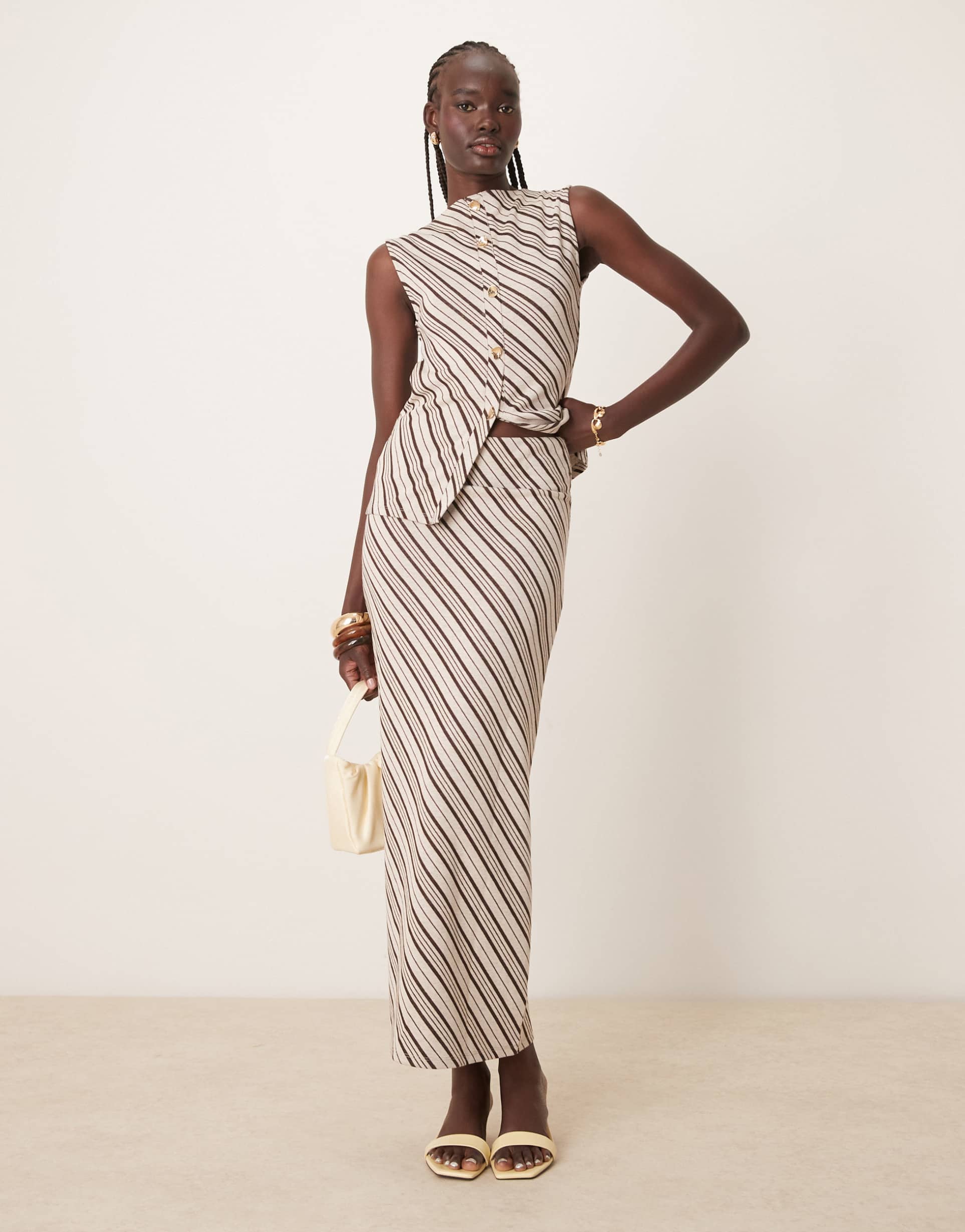 pretty lavish asymmetric stripe jersey maxi skirt in brown and cream - part of a set