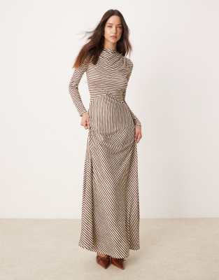 asymmetric stripe maxi dress in brown-Black