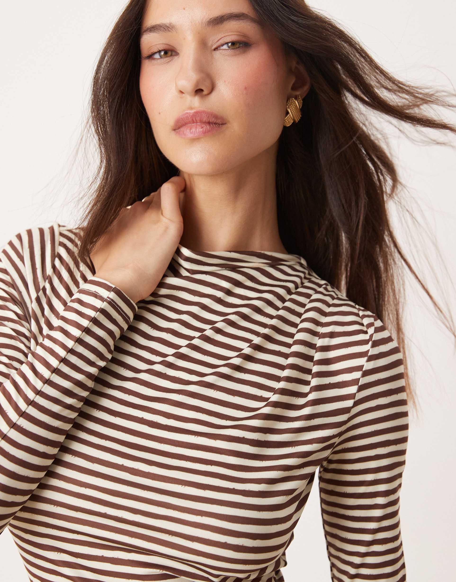 pretty lavish asymmetric stripe maxi dress in brown