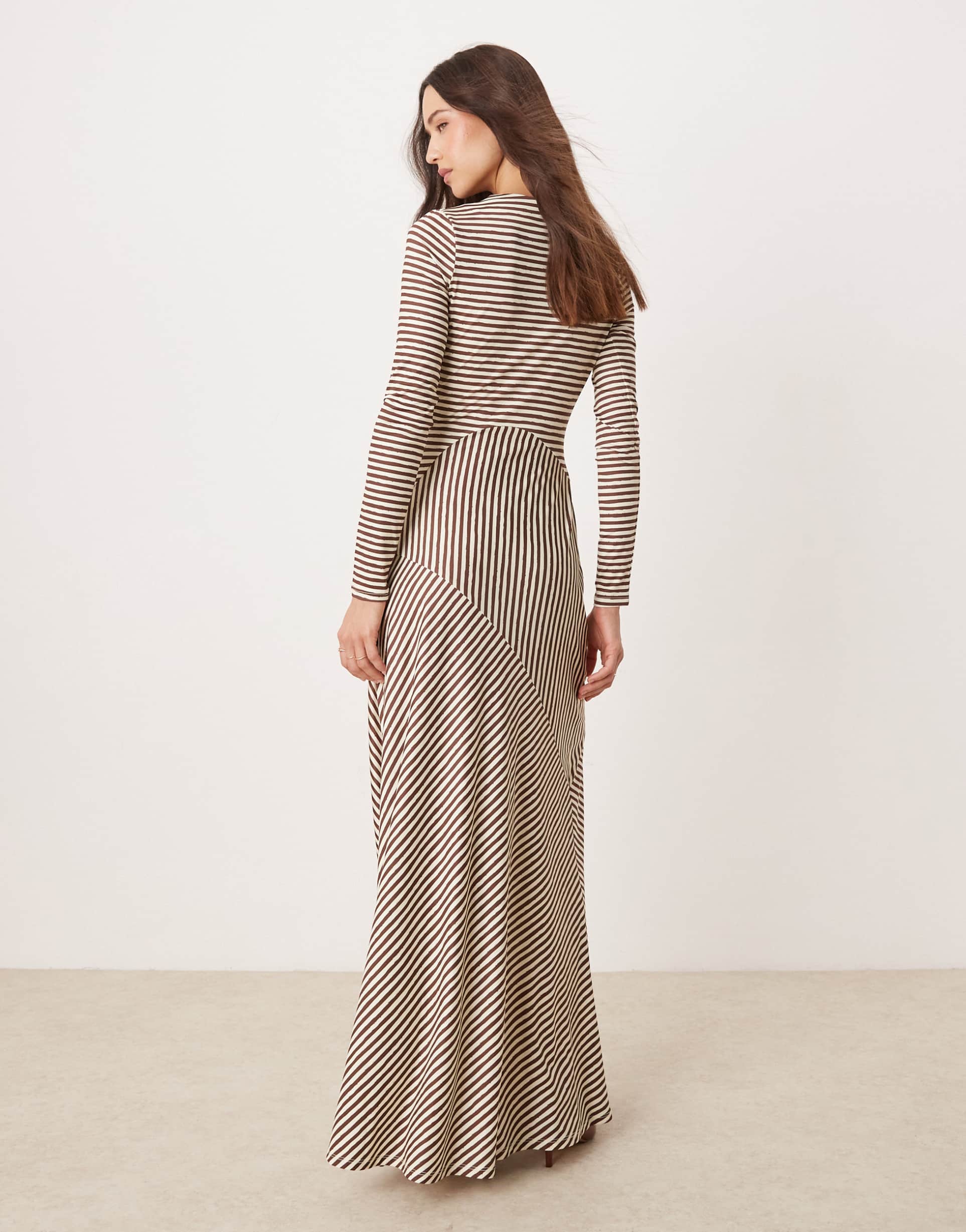 pretty lavish asymmetric stripe maxi dress in brown