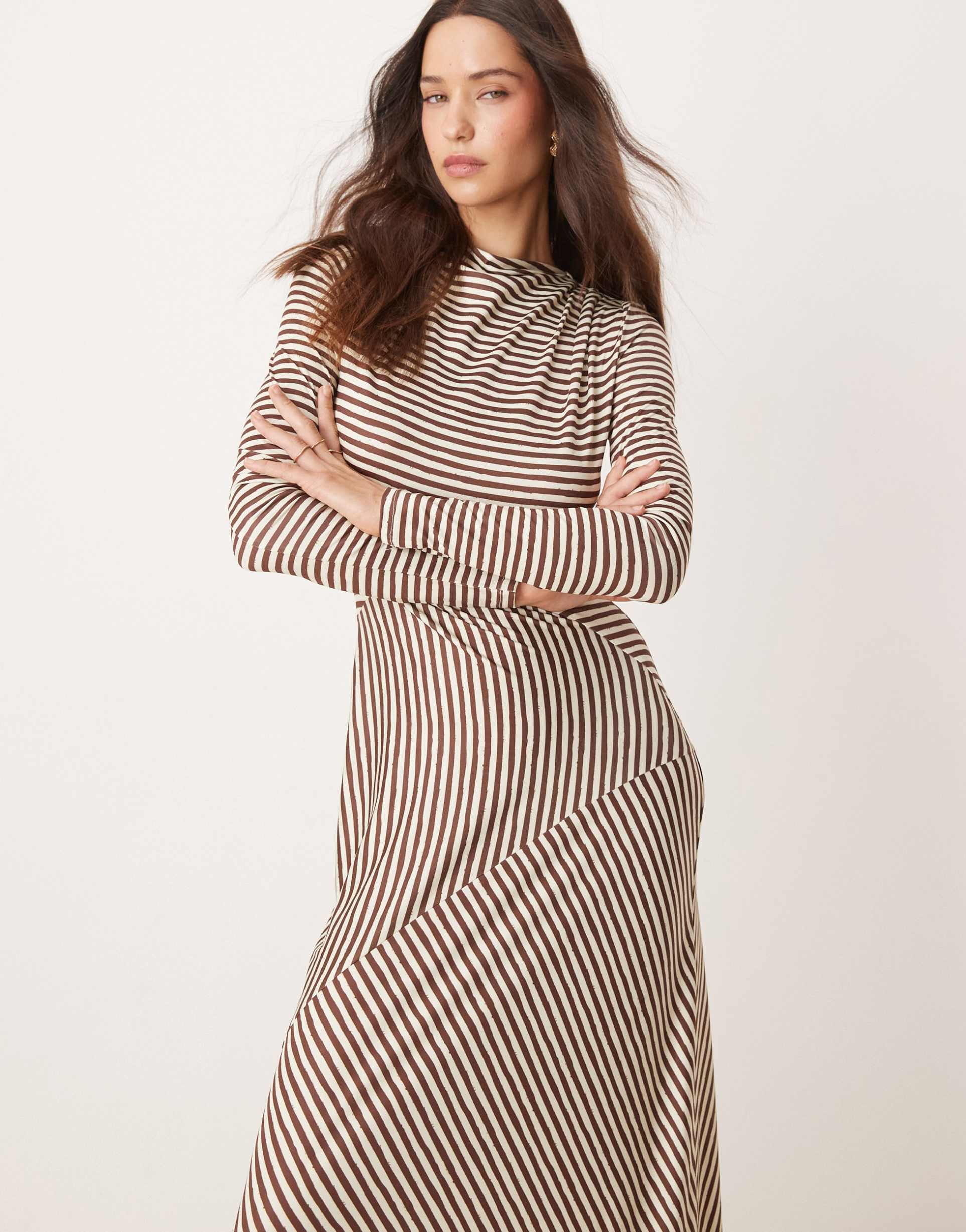 pretty lavish asymmetric stripe maxi dress in brown