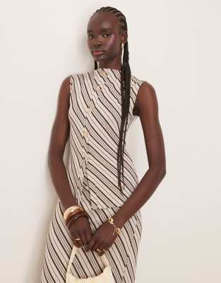 Pretty Lavish Asymmetric Striped Jersey Top In Brown