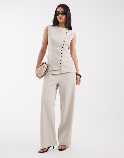 Pretty Lavish asymmetric tailored waistcoat co-ord in stone, 2 of 4