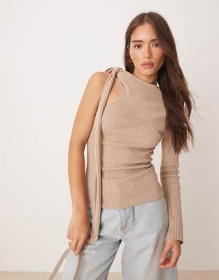 Pretty Lavish - Asymmetrisches, glitzerndes Strick-Top in Taupe-Rosa
