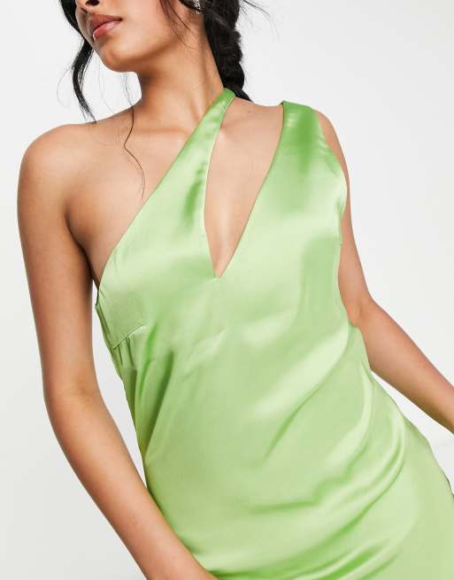 Pretty Lavish - Asymmetrisk midaxi-kjole med udskæring i grønt satin, 3 af 4