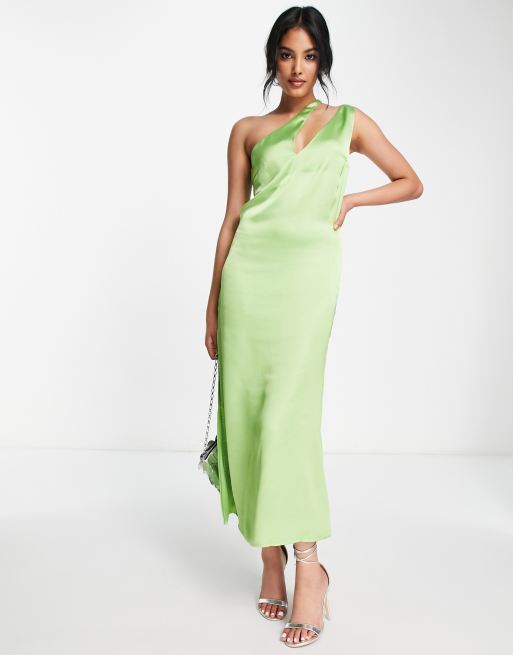 Pretty Lavish - Asymmetrisk midaxi-kjole med udskæring i grønt satin, 4 af 4