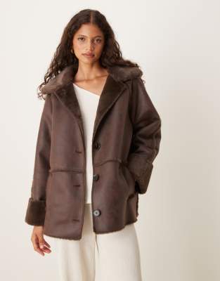Pretty Lavish Aviator Coat In Brown