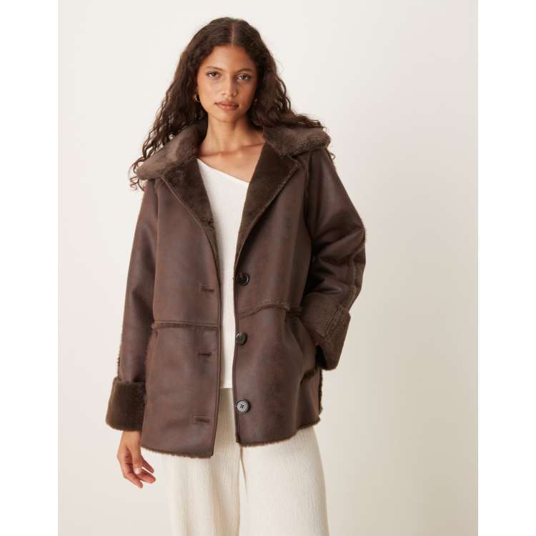 Pretty Lavish aviator coat in chocolate brown | ASOS