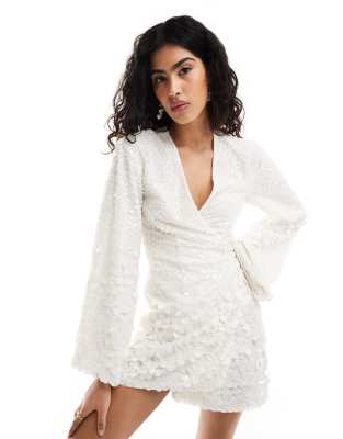 Pretty Lavish Bachelorette Embellished Wrap Mini Dress In Ivory-white