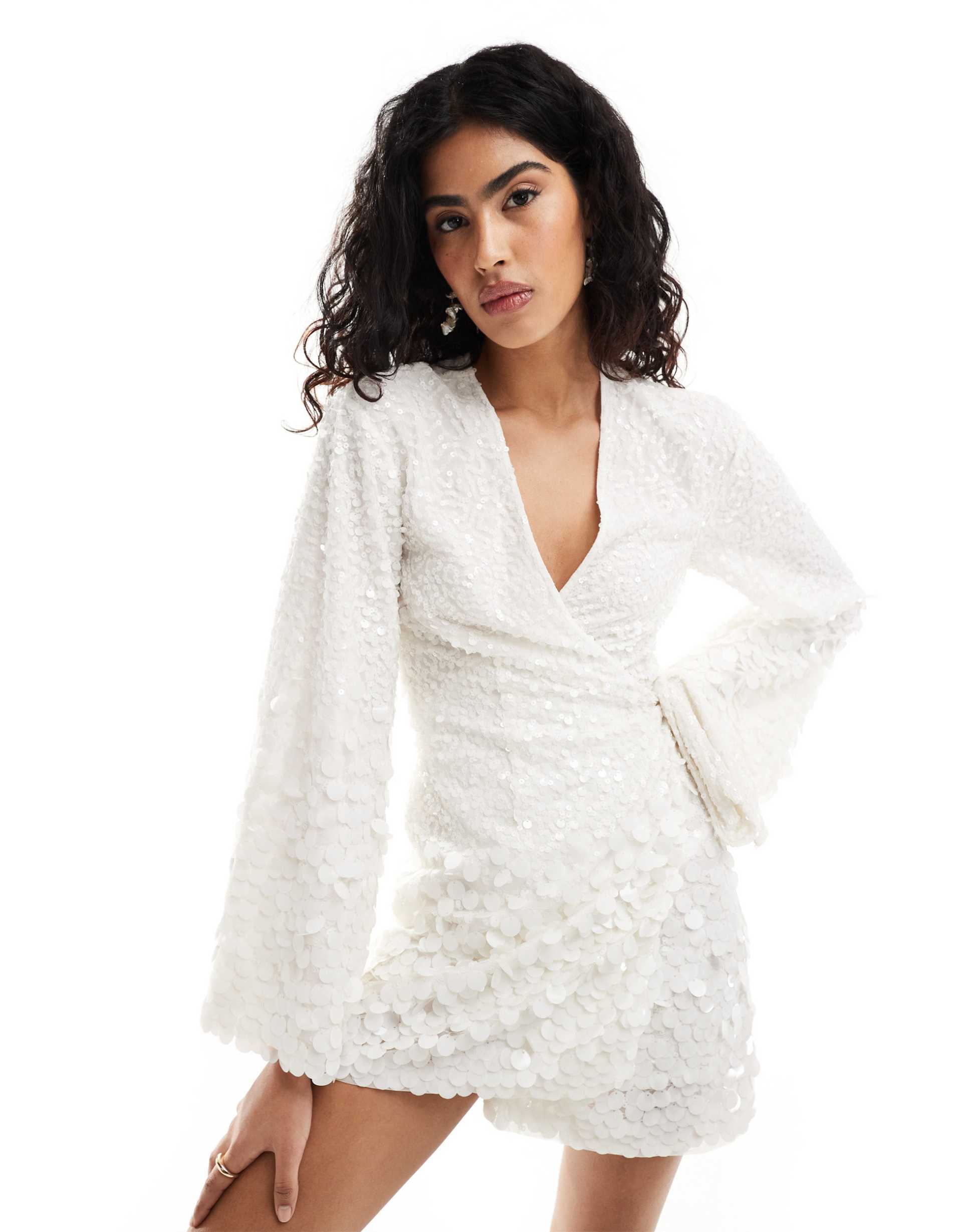 pretty lavish bachelorette embellished wrap mini dress in ivory