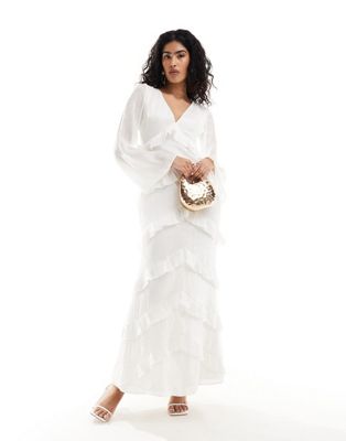 Pretty Lavish Bachelorette Textured Ruffle Maxi Dress In Metallic Ivory-white