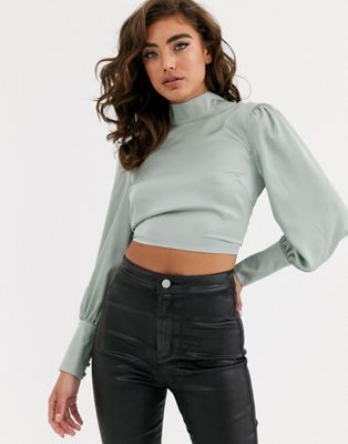 Pretty Lavish backless high neck satin top in mint | ASOS