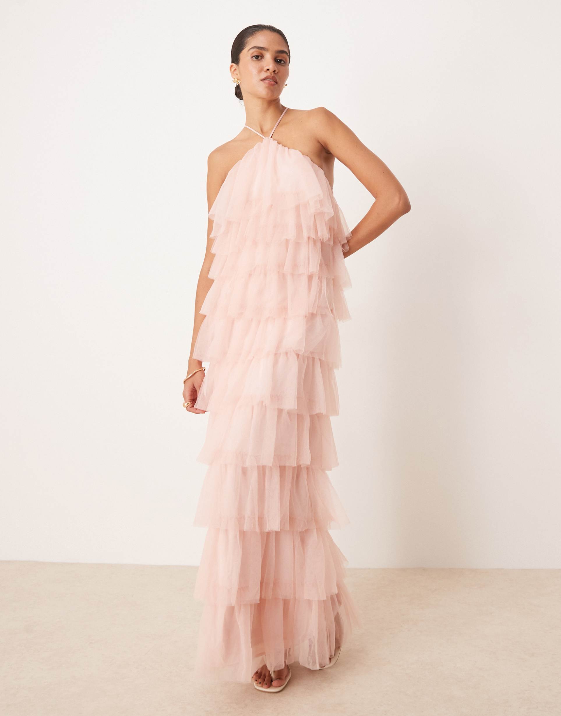 pretty lavish backless tulle ruffle maxi dress in peony pink