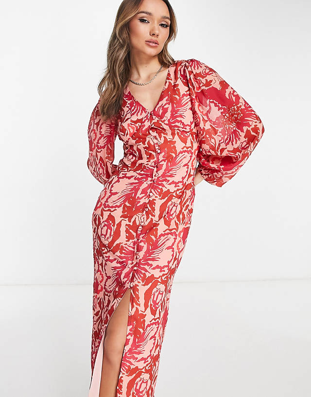 Pretty Lavish - balloon sleeve button midaxi dress in red and pink floral