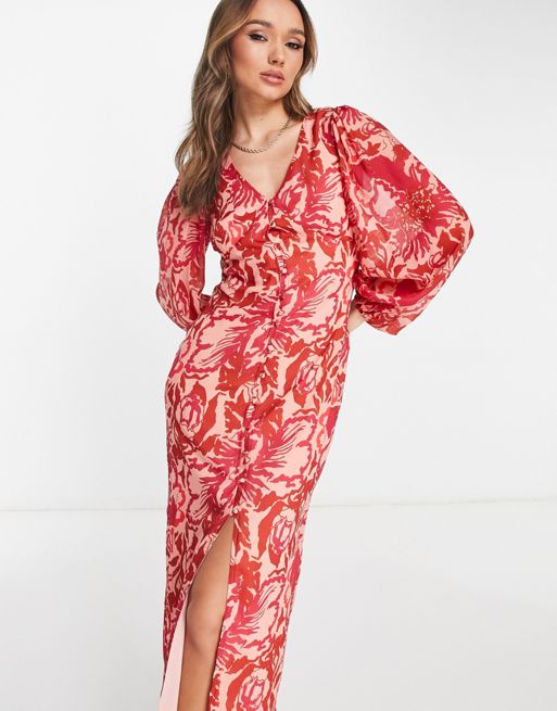 Pretty Lavish balloon sleeve button midaxi dress in red and pink floral ...