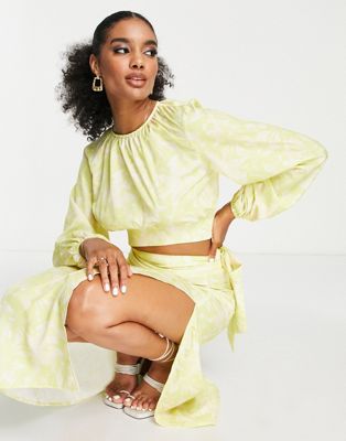Pretty Lavish balloon sleeve crop top co-ord in chartreuse floral