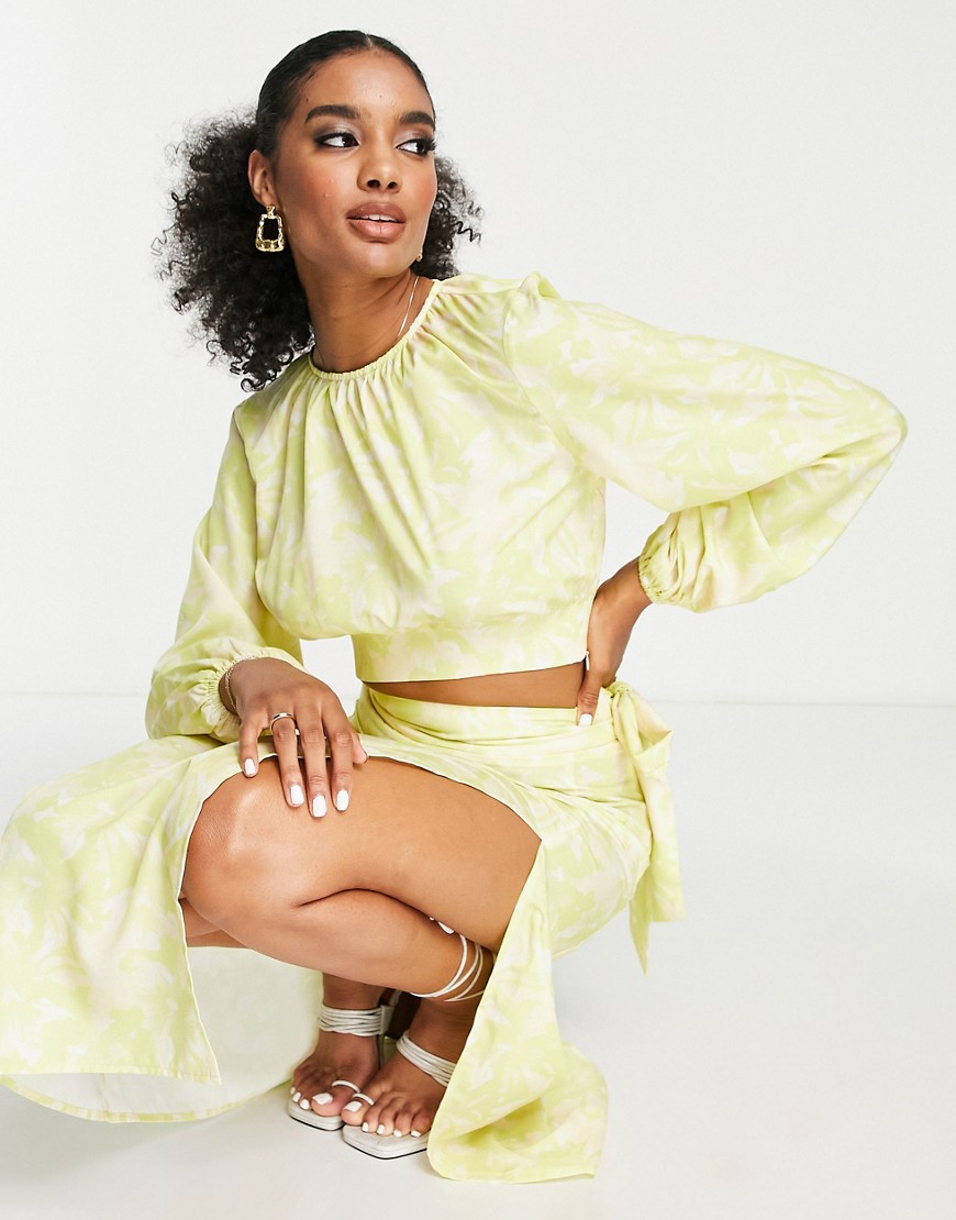 Pretty Lavish balloon sleeve crop top co-ord in chartreuse floral-Yellow