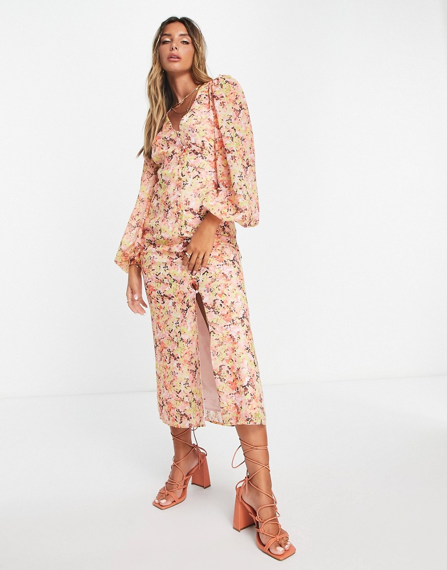 balloon sleeve midaxi dress in abstract floral-Multi
