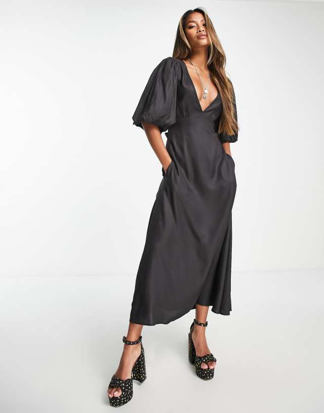 Pretty Lavish balloon sleeve midaxi dress in black