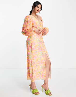 Pretty Lavish Pretty Lavish balloon sleeve midaxi dress in pink and orange abstract floral-Multi