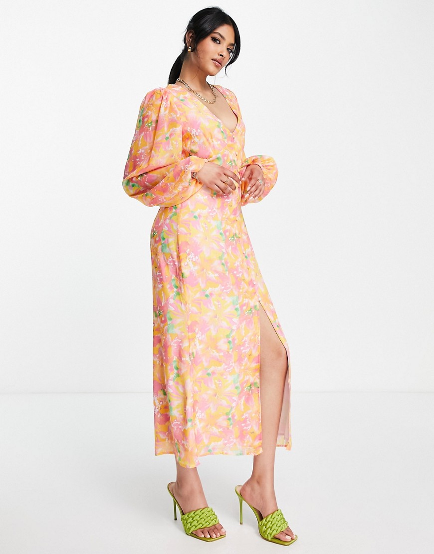 balloon sleeve midaxi dress in pink and orange abstract floral-Multi