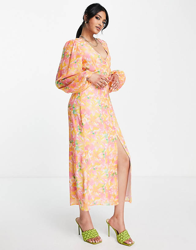 Pretty Lavish - balloon sleeve midaxi dress in pink and orange abstract floral
