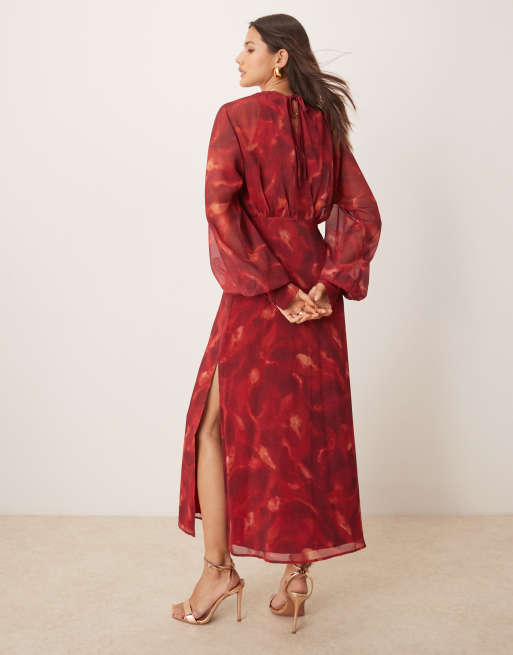Pretty Lavish balloon sleeve midaxi dress in red print, 4 of 4
