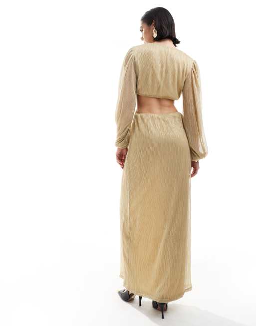 Gold metallic plisse strappy knot front midi dress sale