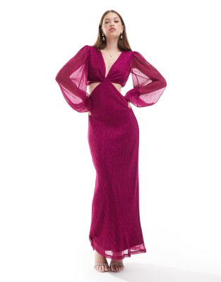 balloon sleeve plisse maxi dress in metallic plum-pink