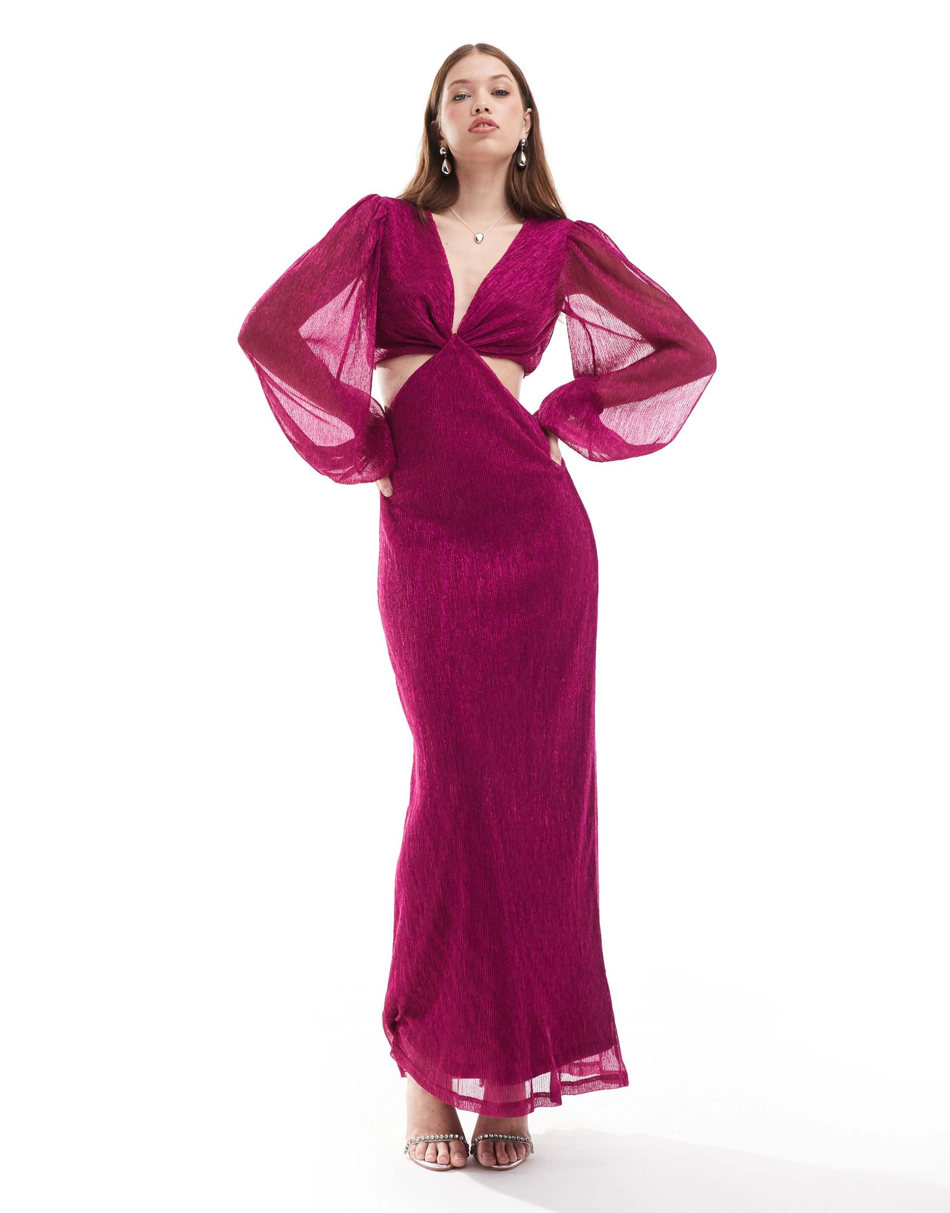 pretty lavish balloon sleeve plisse maxi dress in metallic plum