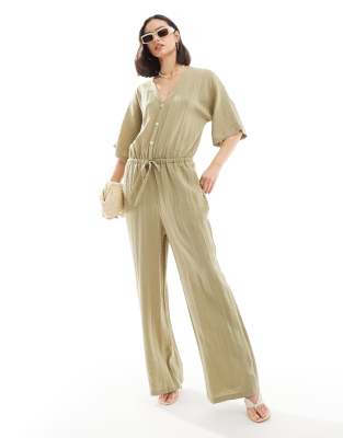 Pretty Lavish Balloon Sleeve Shirred Jumpsuit In Olive-green