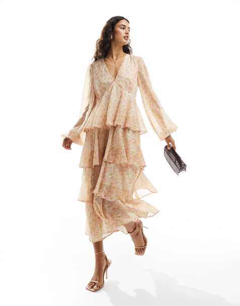 Pretty Lavish balloon sleeve tiered midaxi dress in animal sorbet