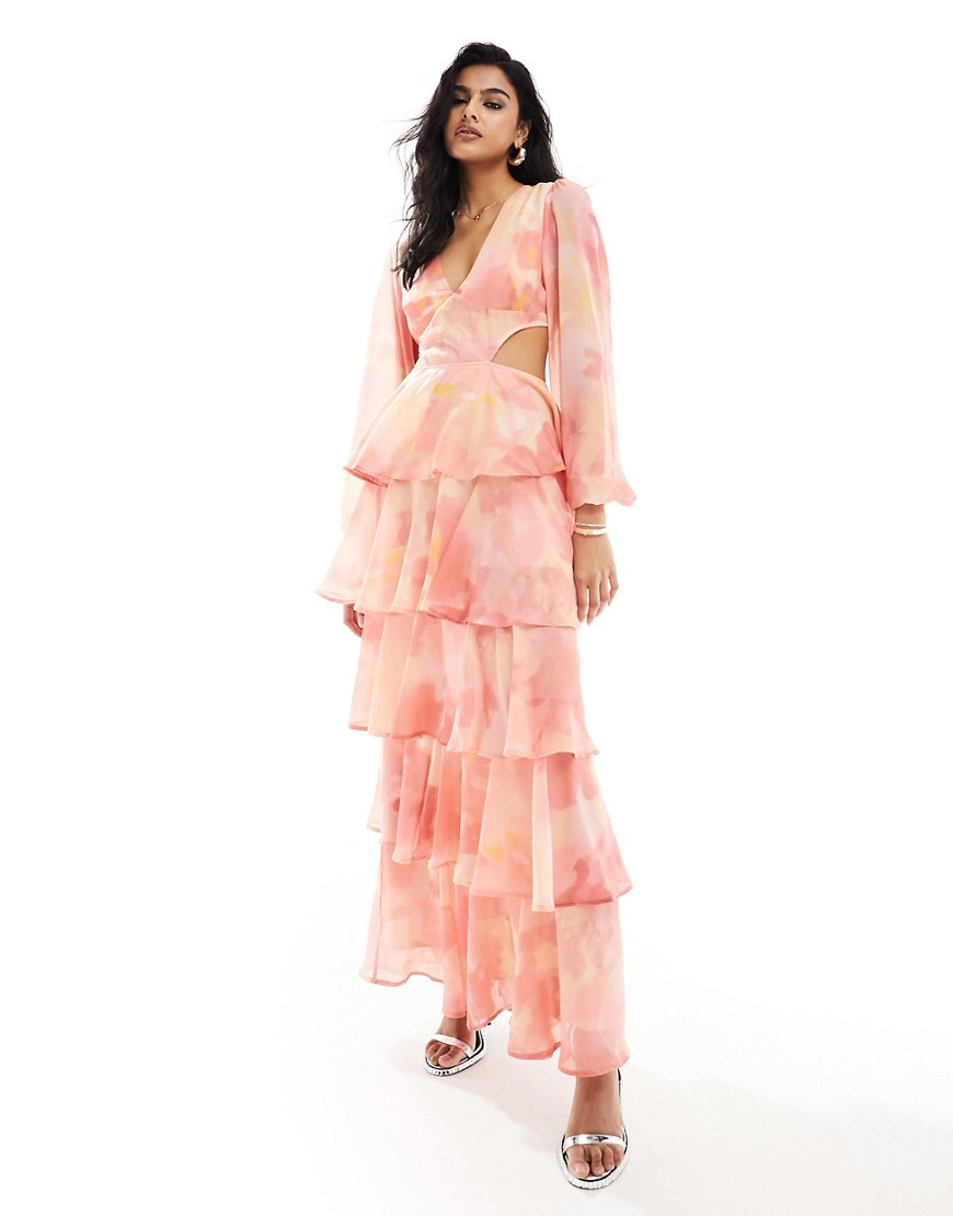 balloon sleeve tiered midaxi dress in pink floral