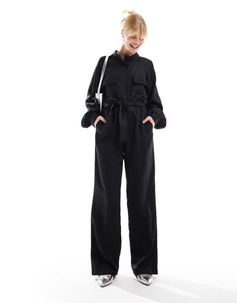 Black Soft Rib Long Sleeve Button Romper