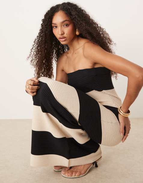Pretty Lavish bandeau crochet stripe knit maxi dress in black and stone - view 1