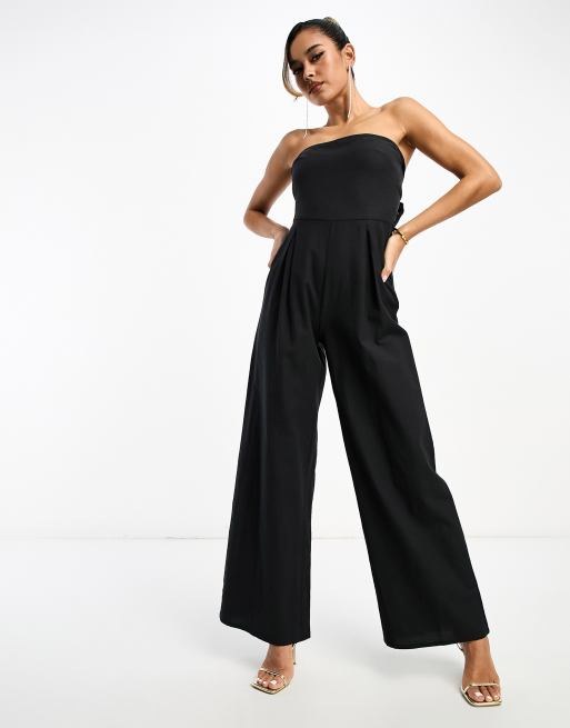 Black Satin Bandeau Cargo Flared Jumpsuit