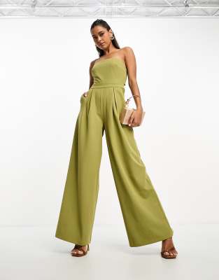 Pretty Lavish Bandeau Jumpsuit With Pockets In Olive-green