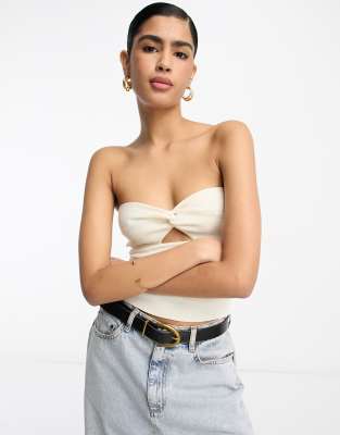 bandeau twist knit top in cream-White