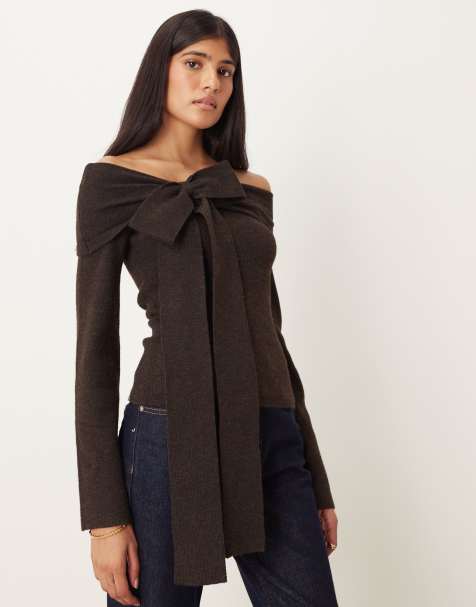 Pretty Lavish bardot bow knit top in chocolate brown - view 1