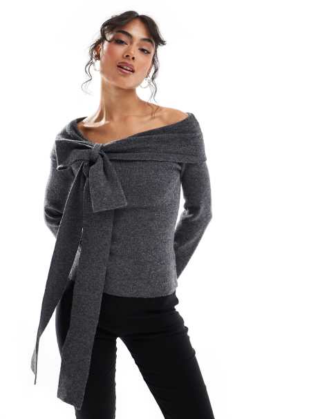 Pretty Lavish bardot bow knitted top in grey - view 1