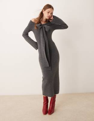 bardot bow midaxi knit dress in charcoal-Gray