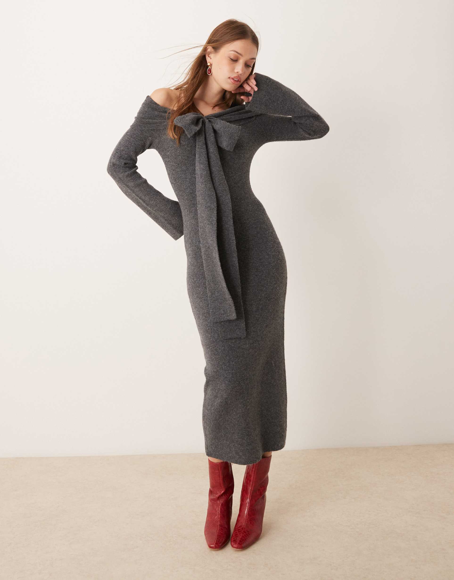 pretty lavish bardot bow midaxi knit dress in charcoal